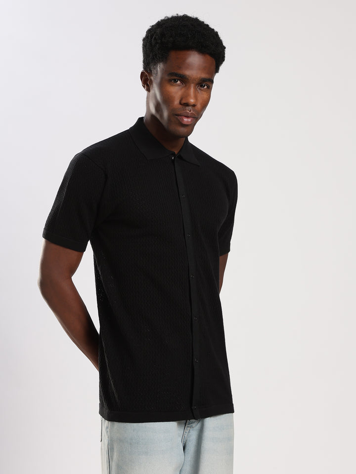 Black Textured Regular Fit Flat Knit Shirt