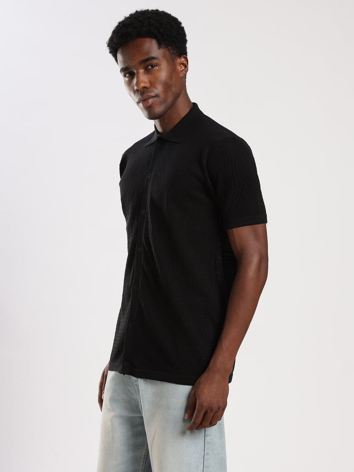 Black Textured Regular Fit Flat Knit Shirt