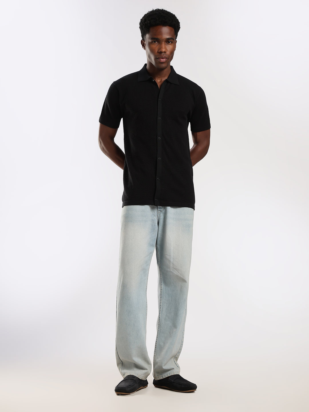 Black Textured Regular Fit Flat Knit Shirt