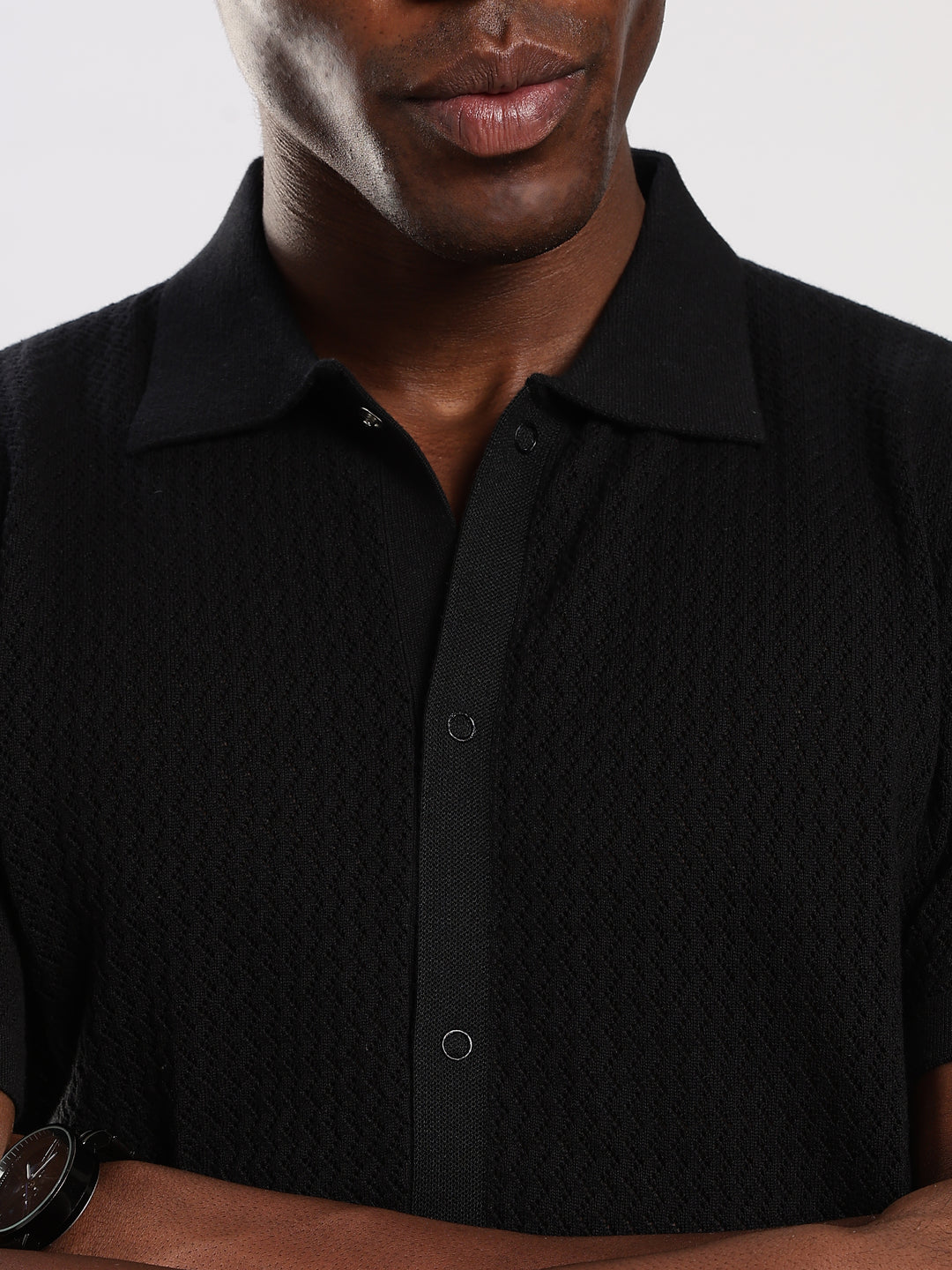 Black Textured Regular Fit Flat Knit Shirt