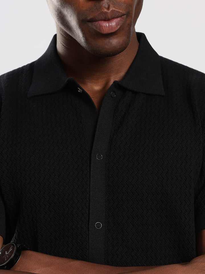 Black Textured Regular Fit Flat Knit Shirt