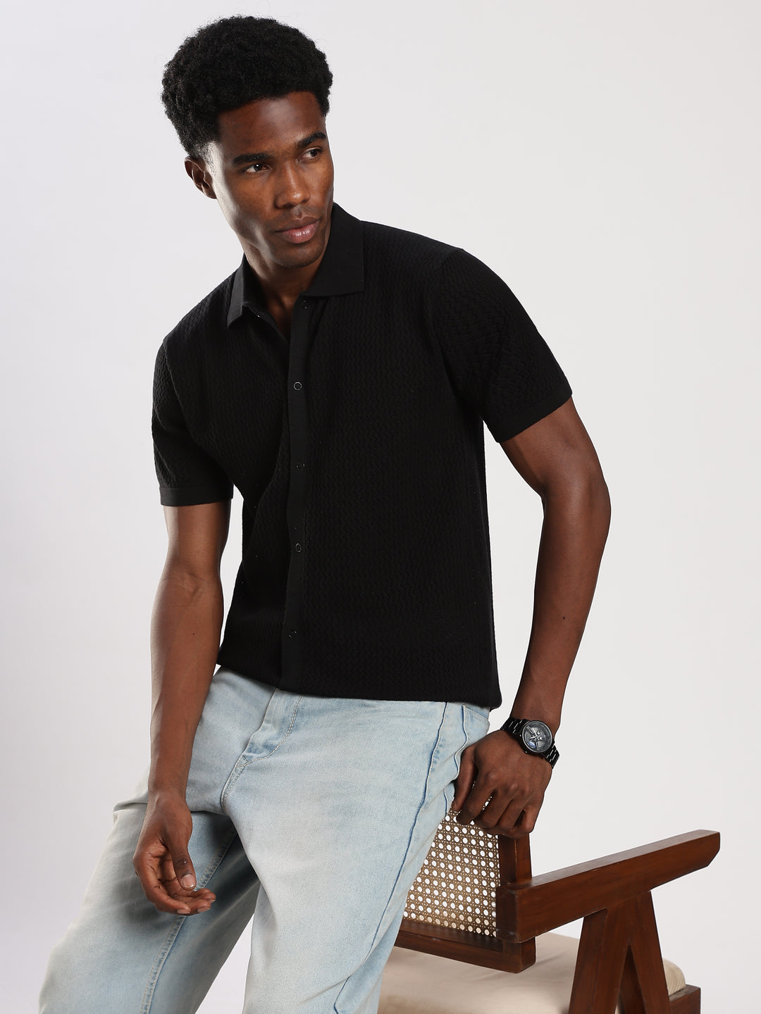 Black Textured Regular Fit Flat Knit Shirt