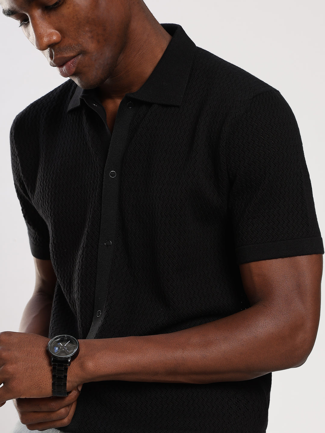 Black Textured Regular Fit Flat Knit Shirt