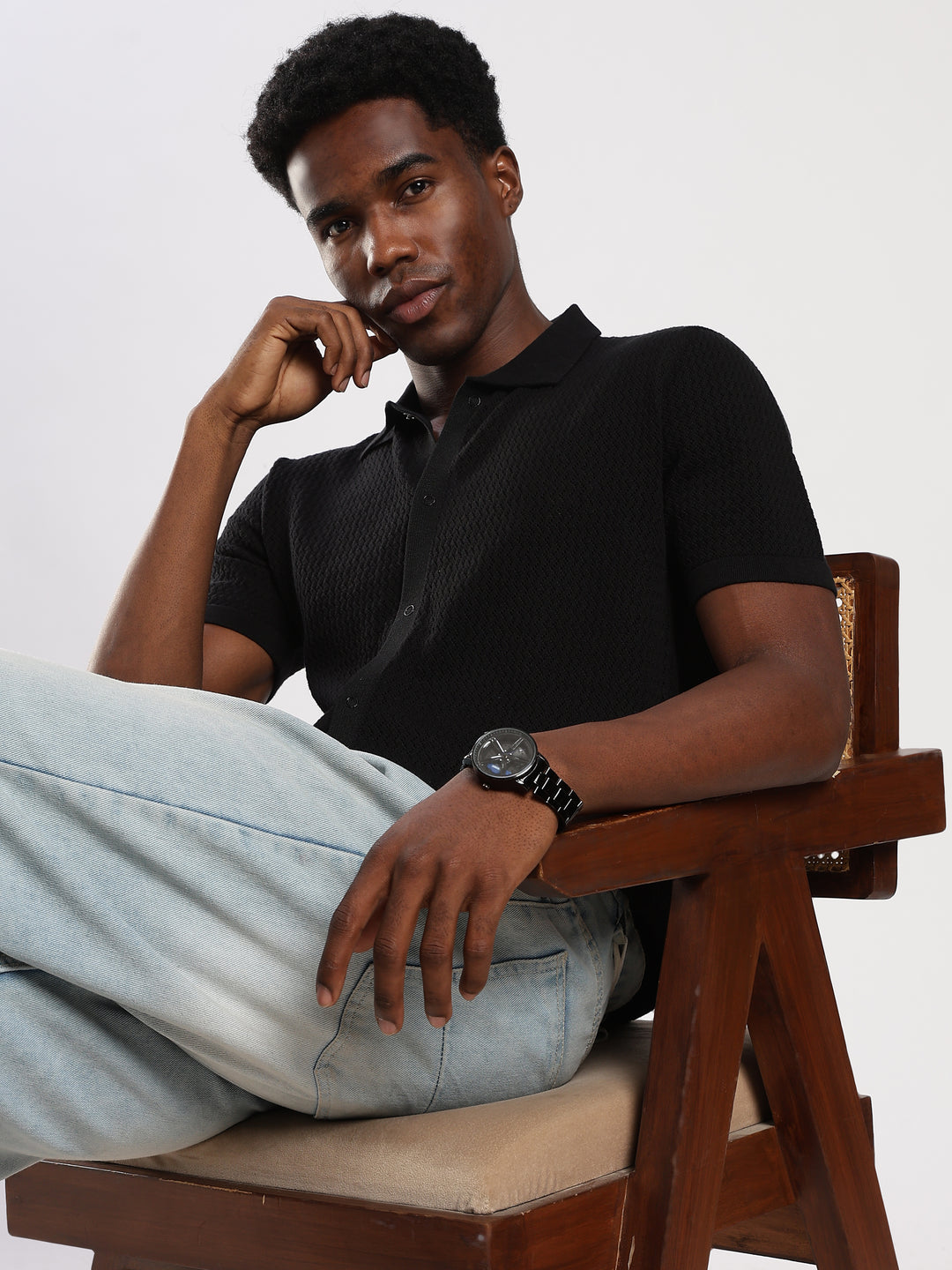 Black Textured Regular Fit Flat Knit Shirt