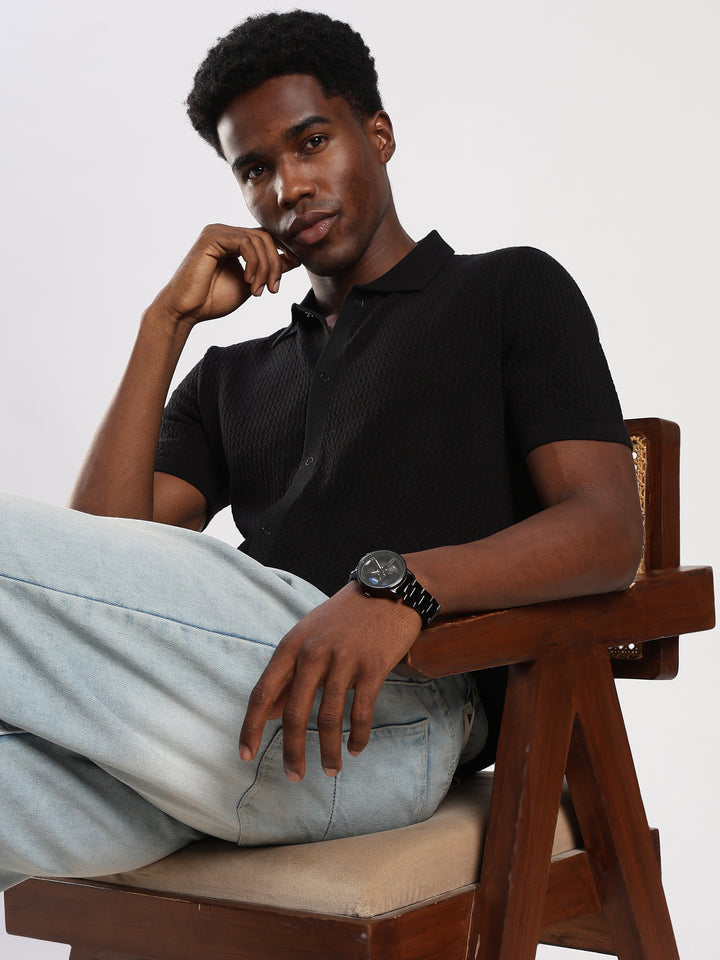 Black Textured Regular Fit Flat Knit Shirt