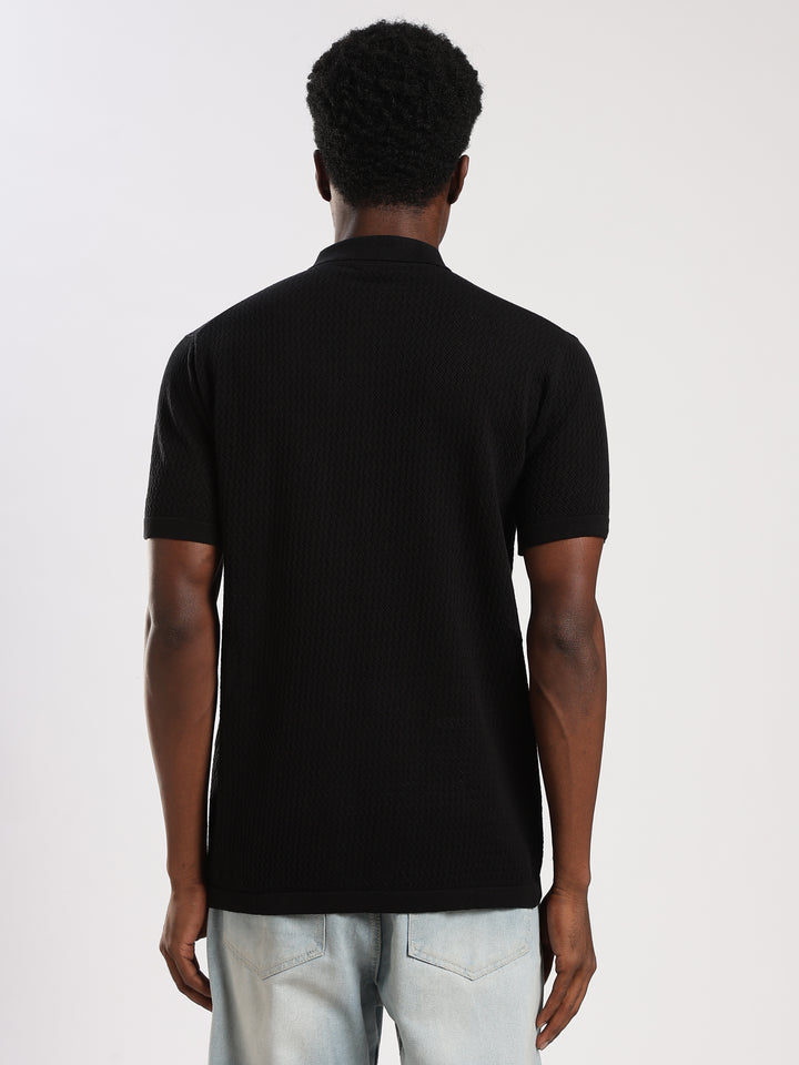 Black Textured Regular Fit Flat Knit Shirt