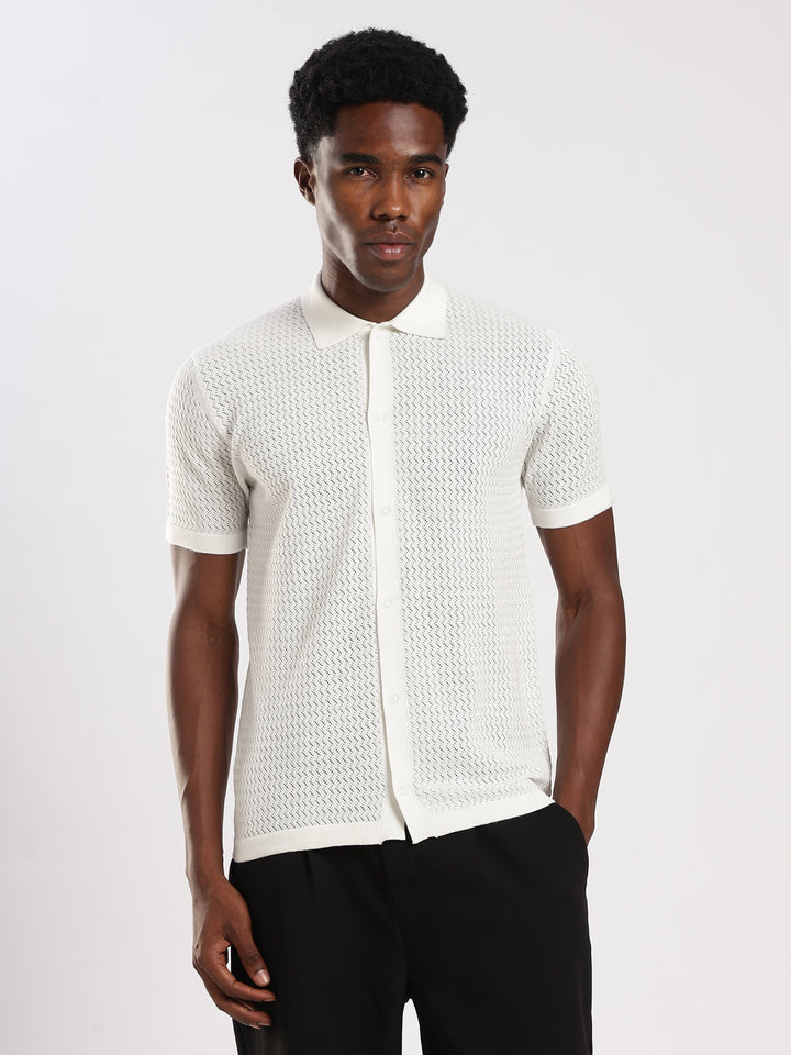 White Textured Regular Fit Flat Knit Shirt