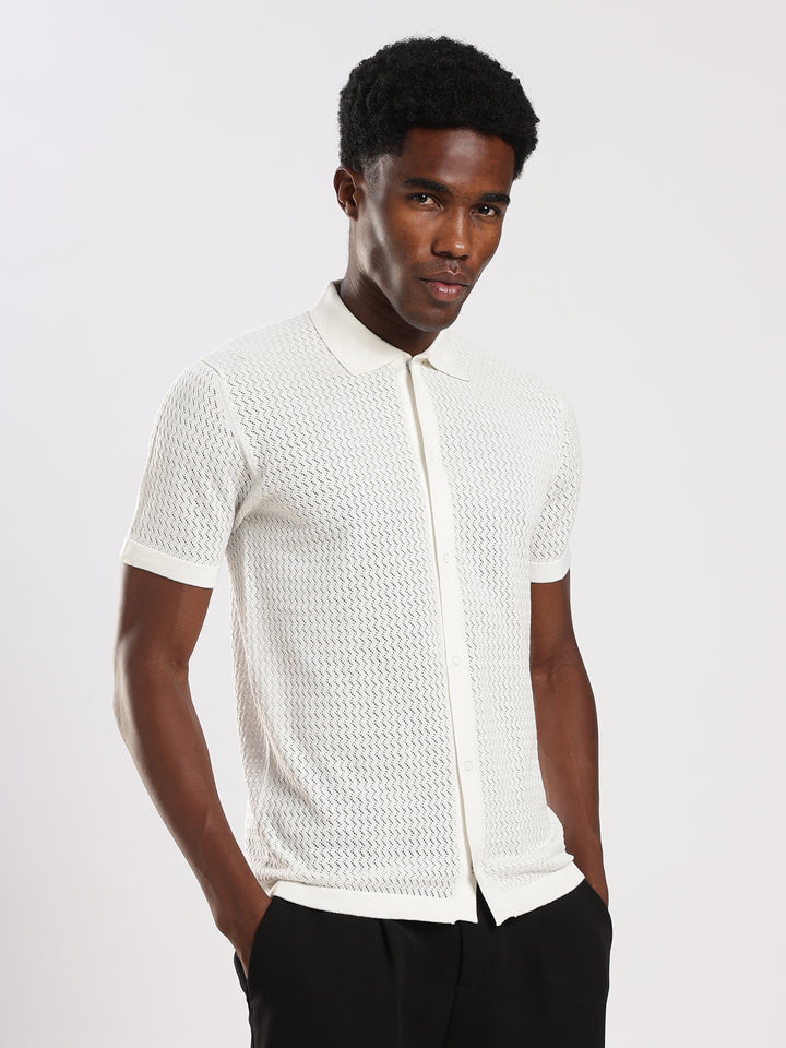 White Textured Regular Fit Flat Knit Shirt