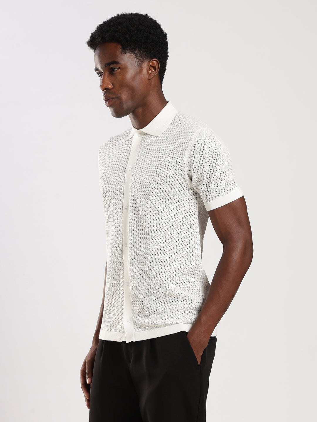 White Textured Regular Fit Flat Knit Shirt