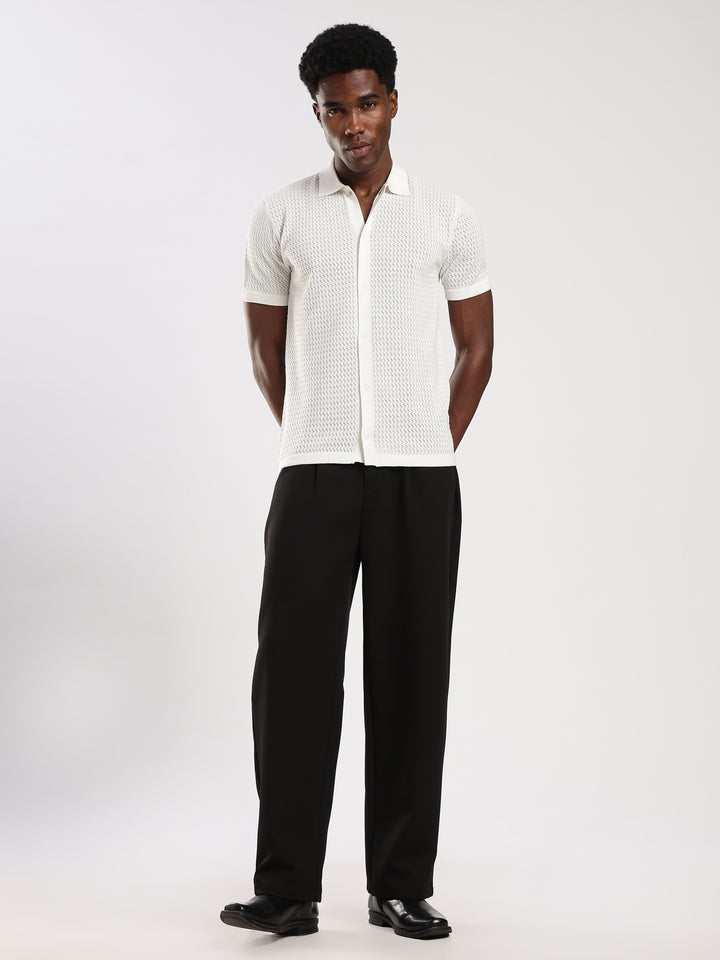 White Textured Regular Fit Flat Knit Shirt