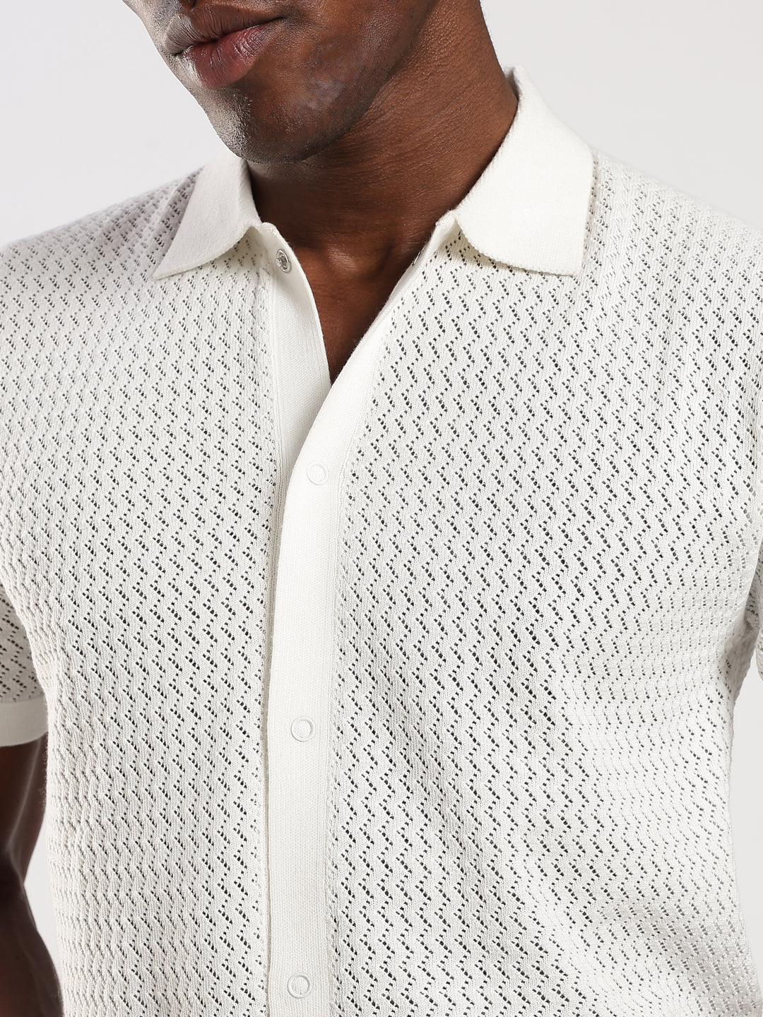 White Textured Regular Fit Flat Knit Shirt