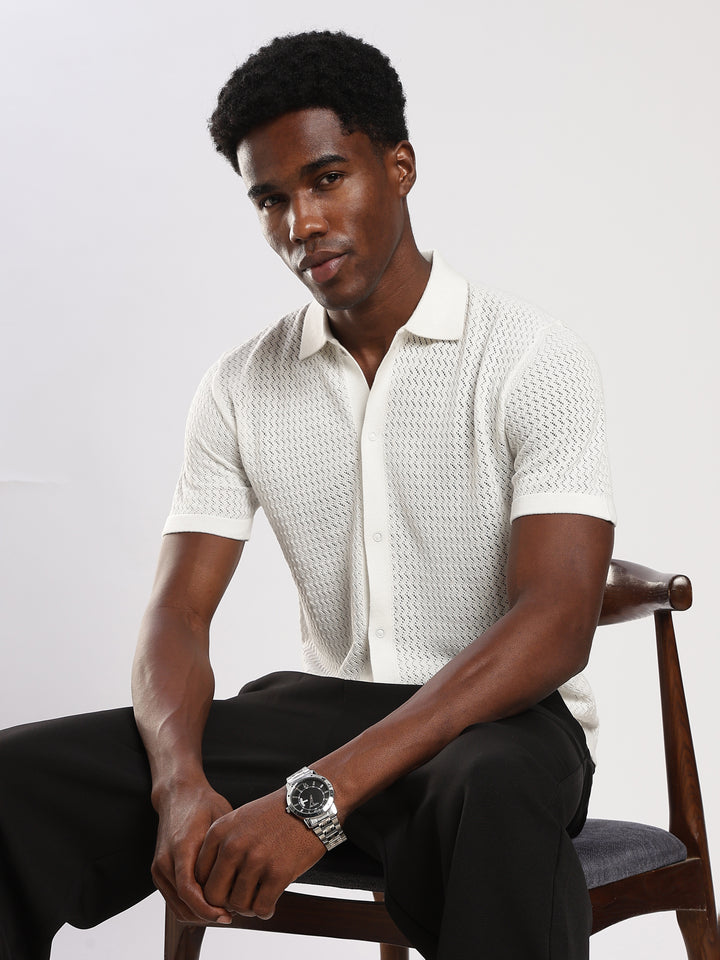 White Textured Regular Fit Flat Knit Shirt