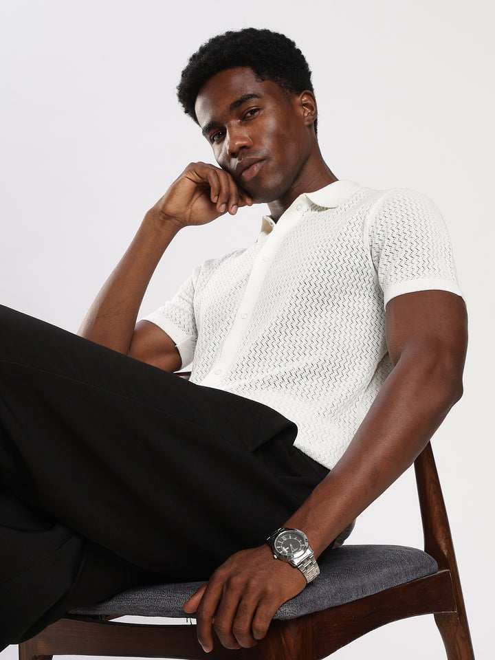 White Textured Regular Fit Flat Knit Shirt
