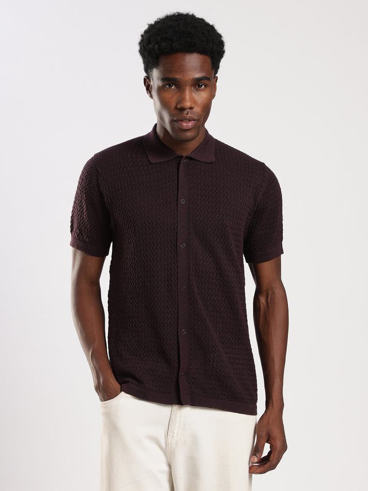 Coffee Textured Regular Fit Flat Knit Shirt