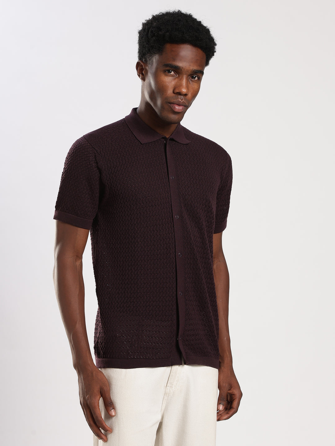 Coffee Textured Regular Fit Flat Knit Shirt