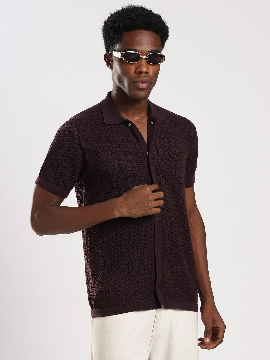 Coffee Textured Regular Fit Flat Knit Shirt