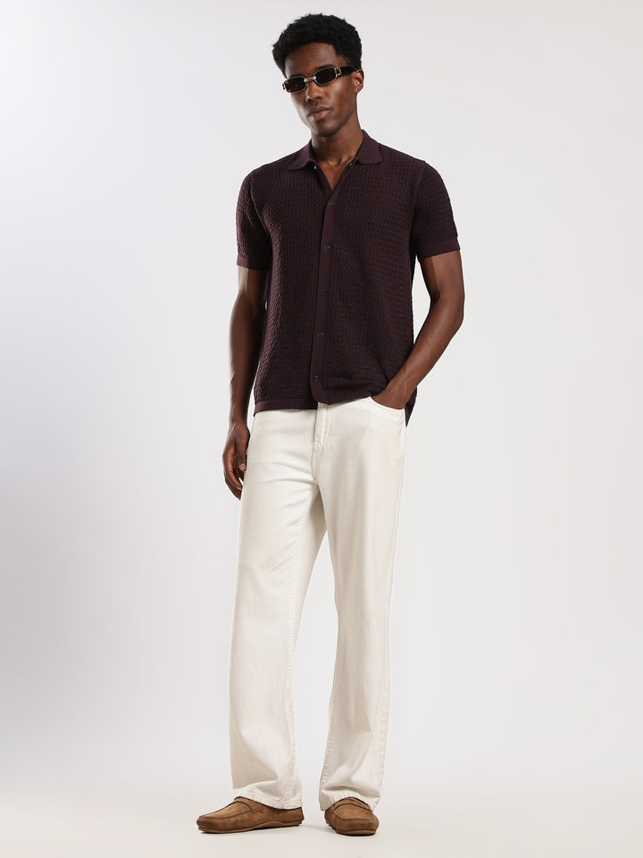 Coffee Textured Regular Fit Flat Knit Shirt