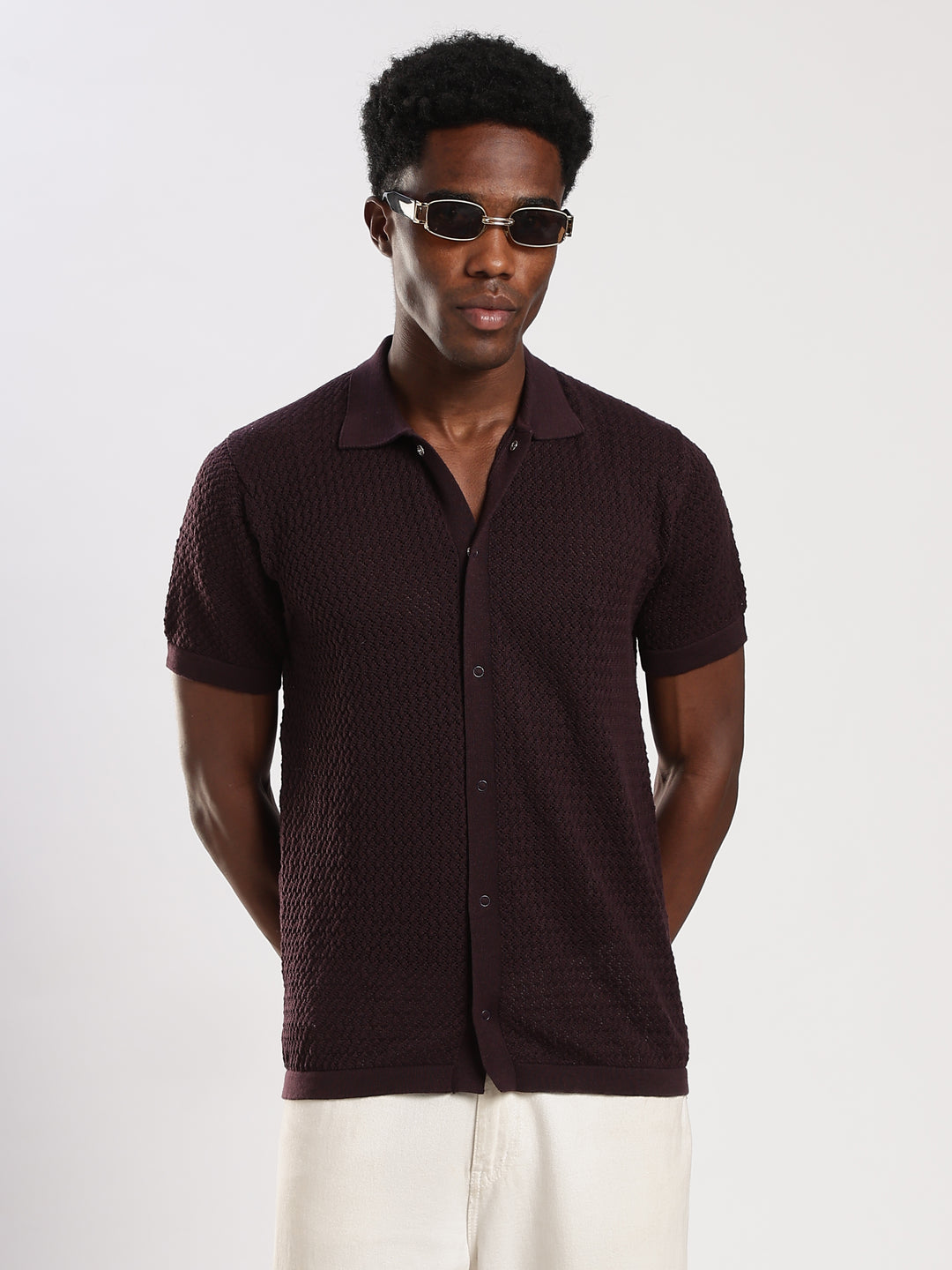 Coffee Textured Regular Fit Flat Knit Shirt