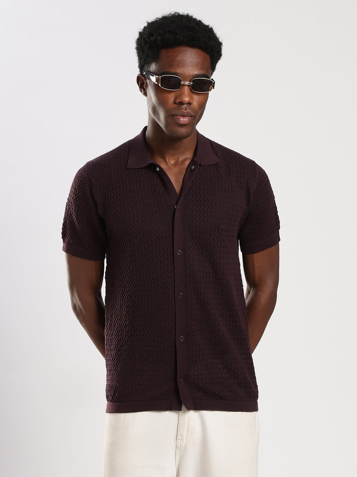 Coffee Textured Regular Fit Flat Knit Shirt