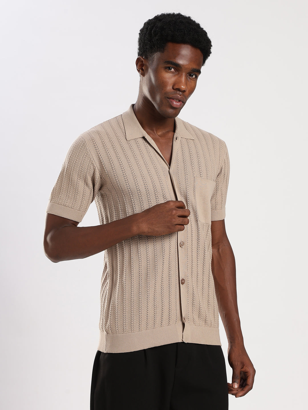 Beige Textured Regular Fit Flat Knit Shirt