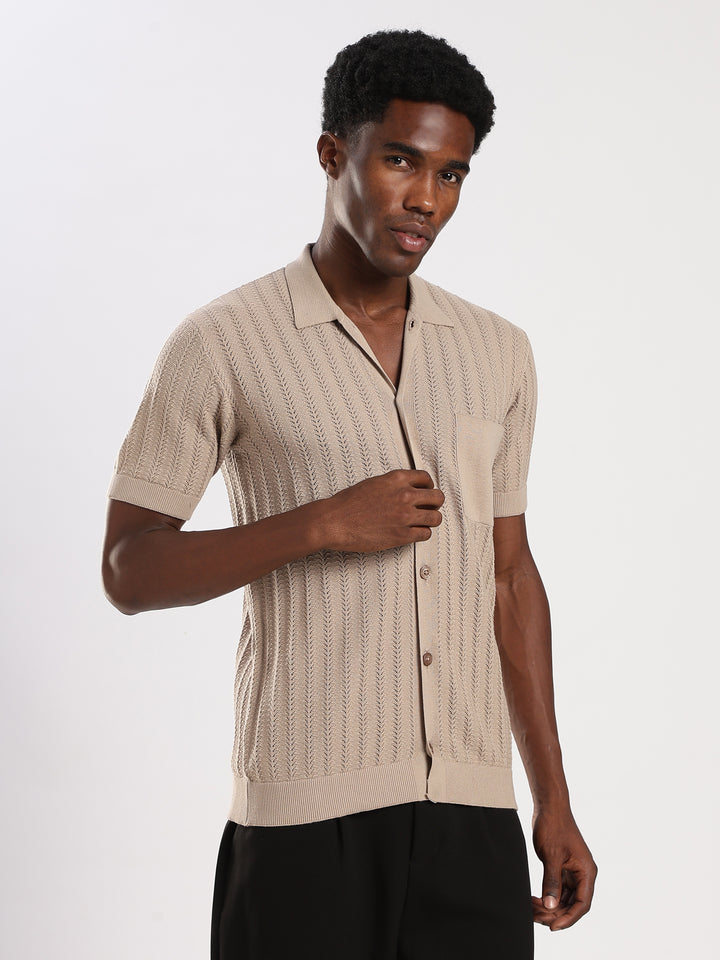 Beige Textured Regular Fit Flat Knit Shirt