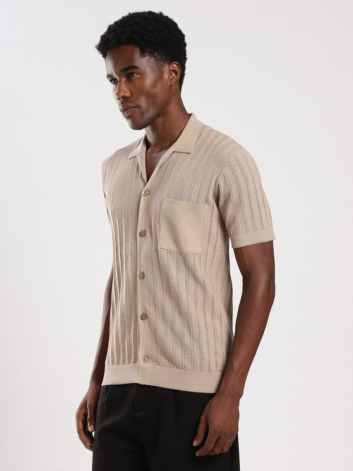 Beige Textured Regular Fit Flat Knit Shirt
