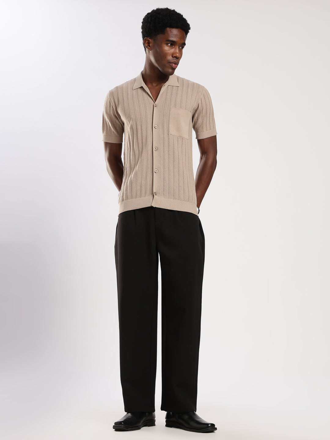 Beige Textured Regular Fit Flat Knit Shirt