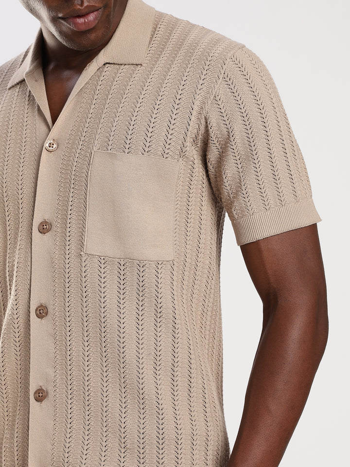 Beige Textured Regular Fit Flat Knit Shirt