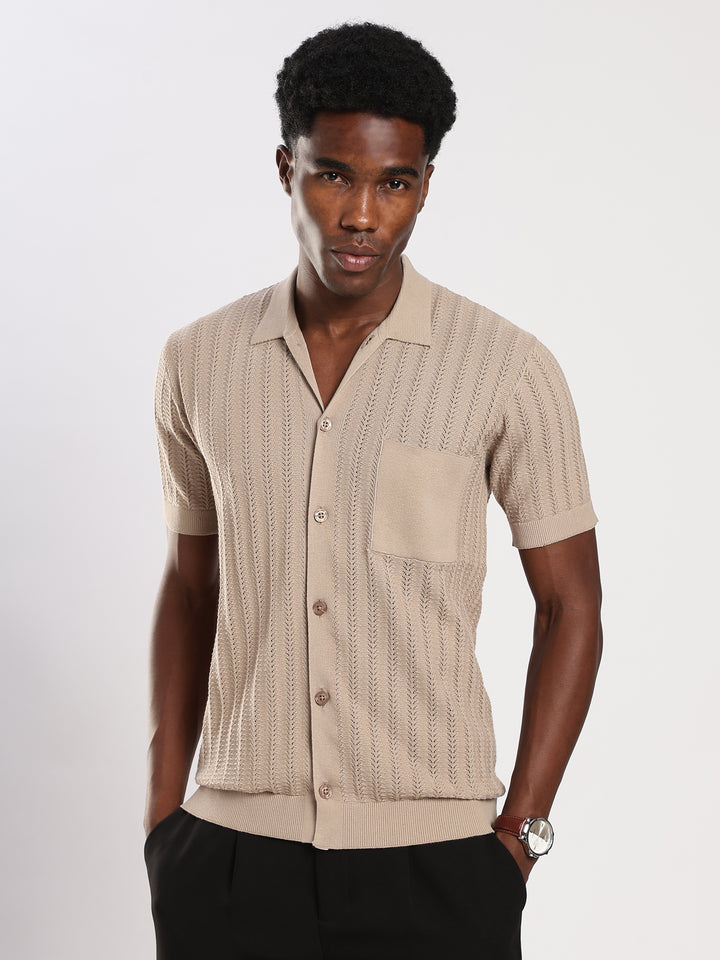 Beige Textured Regular Fit Flat Knit Shirt