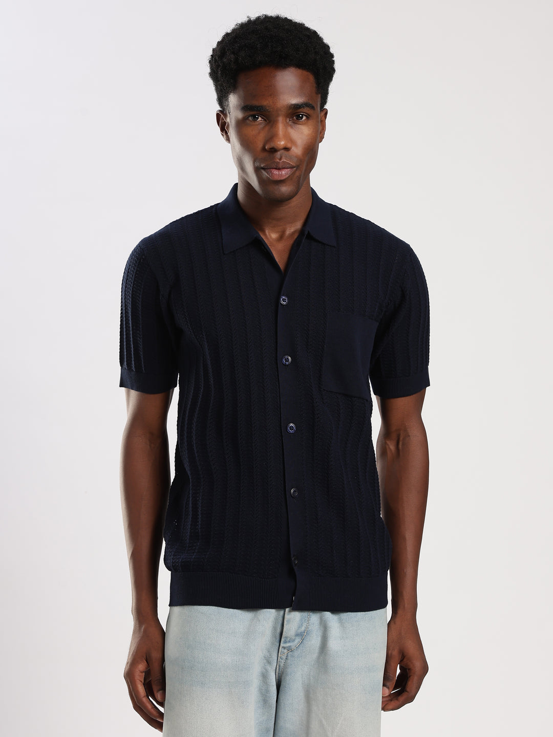 Navy Textured Regular Fit Flat Knit Shirt