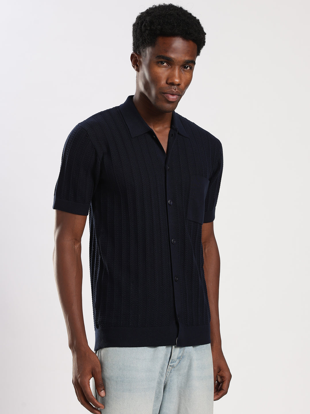 Navy Textured Regular Fit Flat Knit Shirt