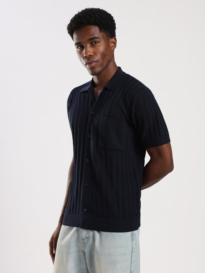 Navy Textured Regular Fit Flat Knit Shirt