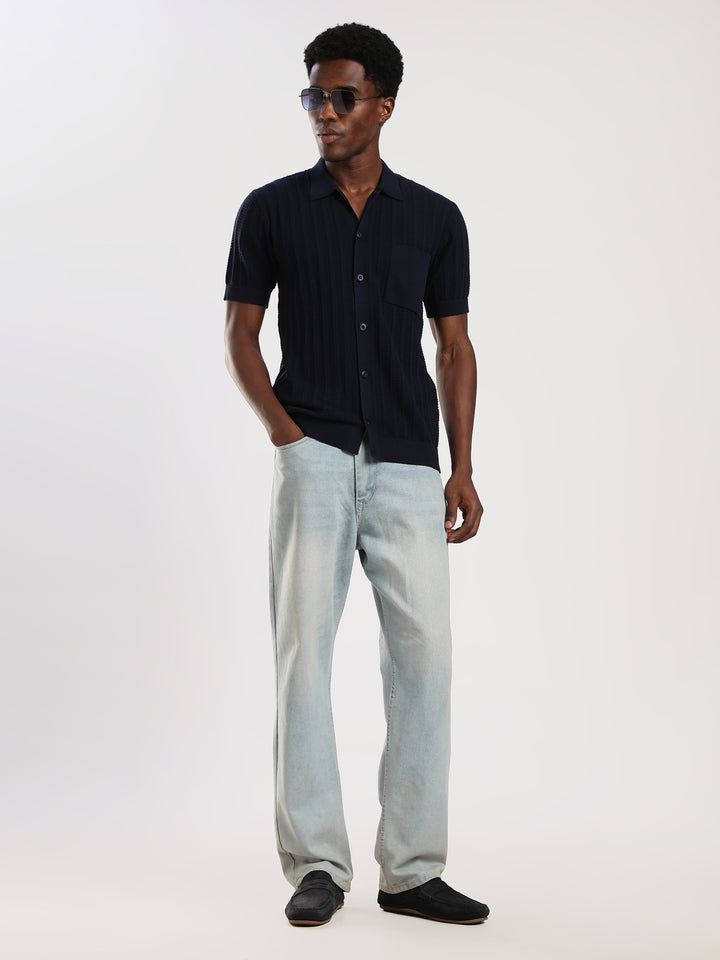 Navy Textured Regular Fit Flat Knit Shirt