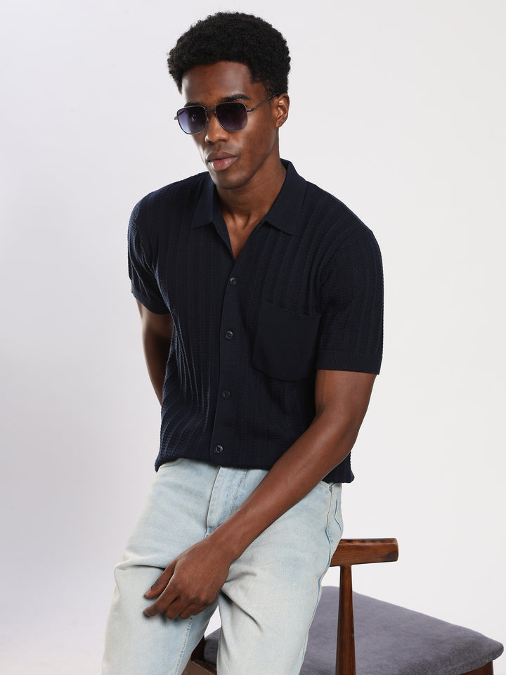Navy Textured Regular Fit Flat Knit Shirt