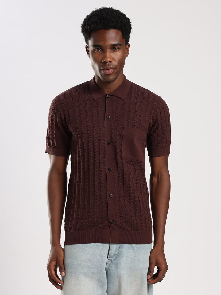 Coffee Textured Flat Knit Shirt