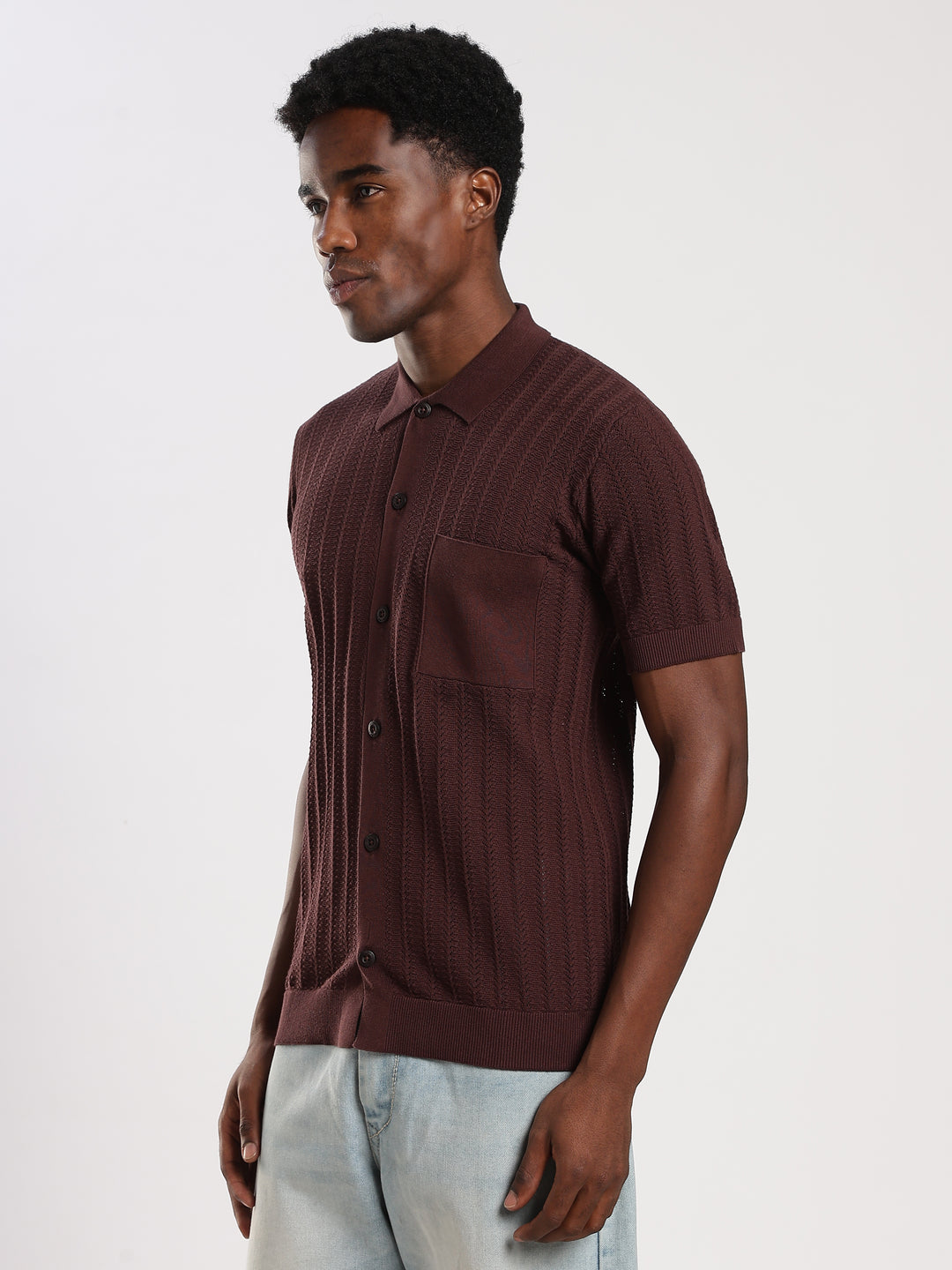 Coffee Textured Flat Knit Shirt