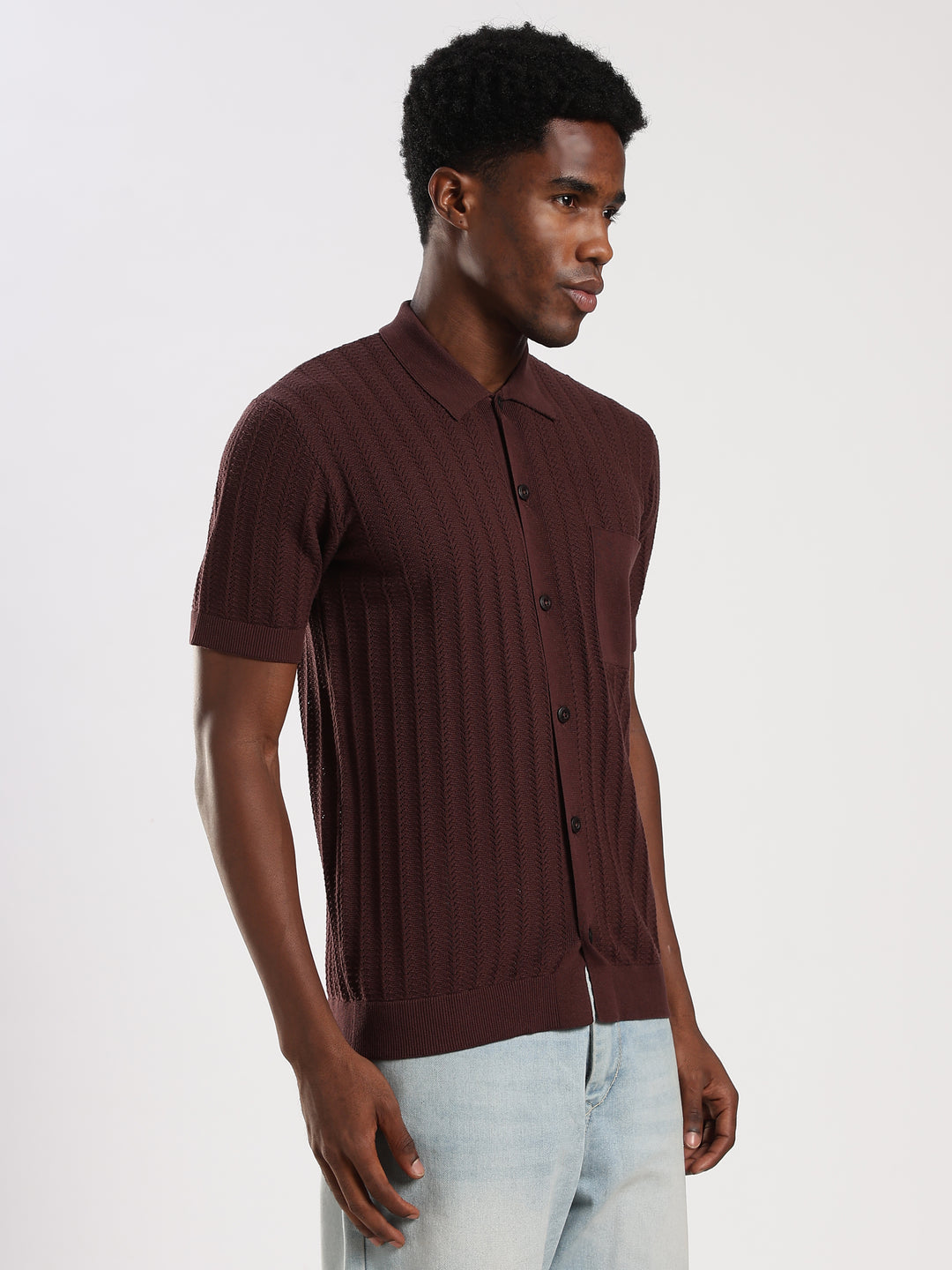 Coffee Textured Flat Knit Shirt