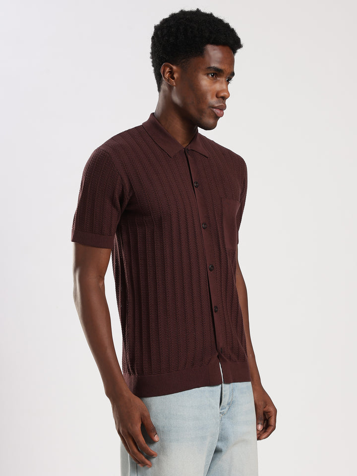 Coffee Textured Flat Knit Shirt