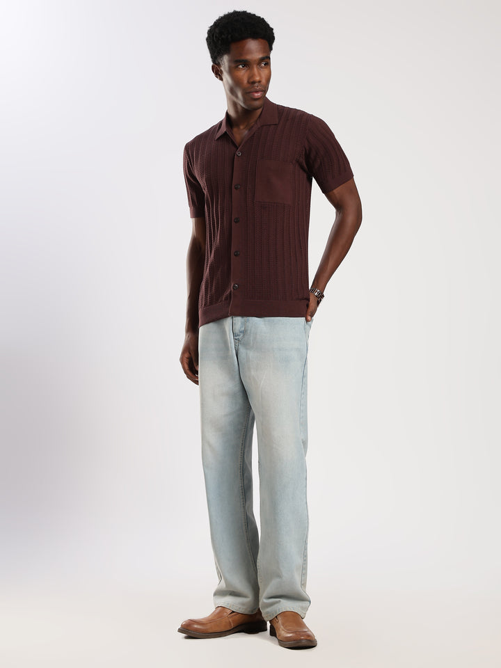 Coffee Textured Flat Knit Shirt