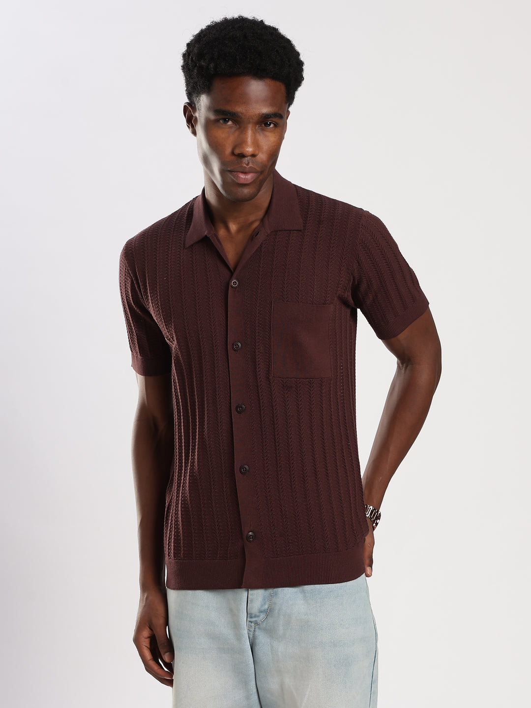Coffee Textured Flat Knit Shirt