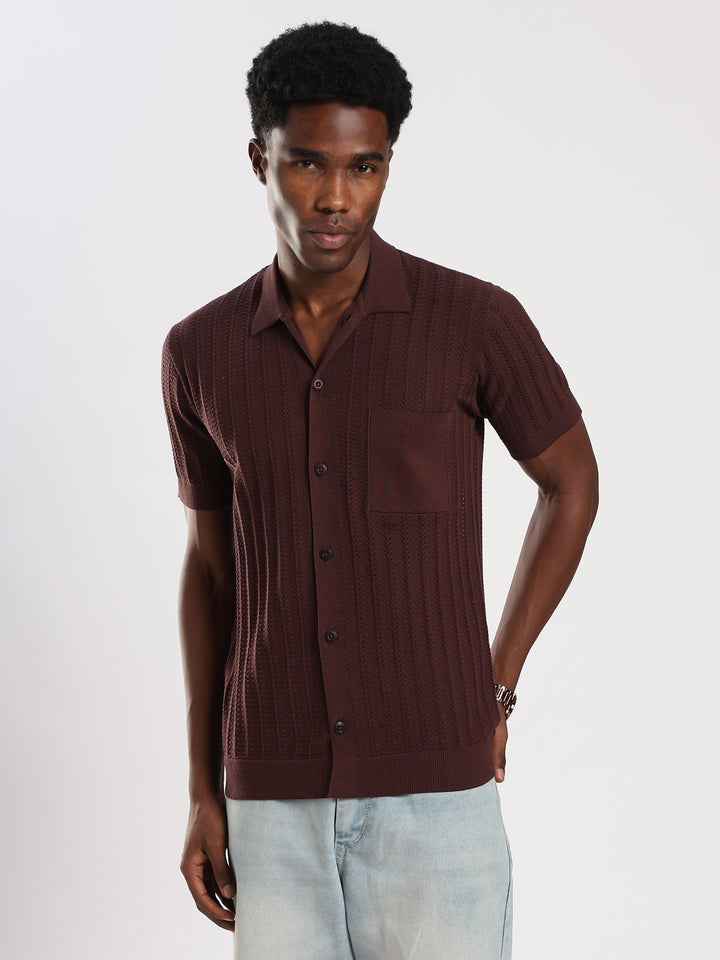 Coffee Textured Flat Knit Shirt