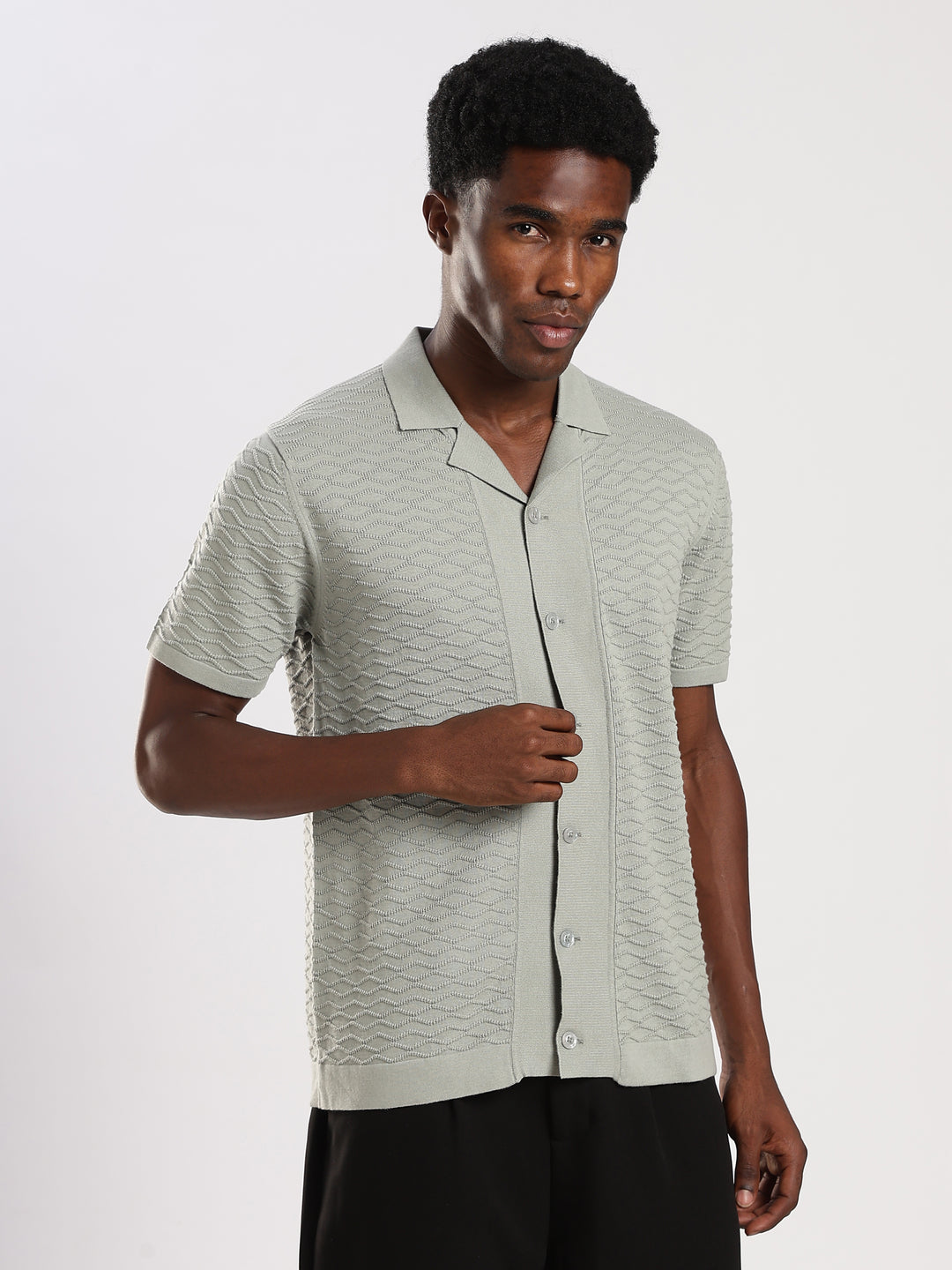 Mint Textured Regular Fit Flat Knit Shirt