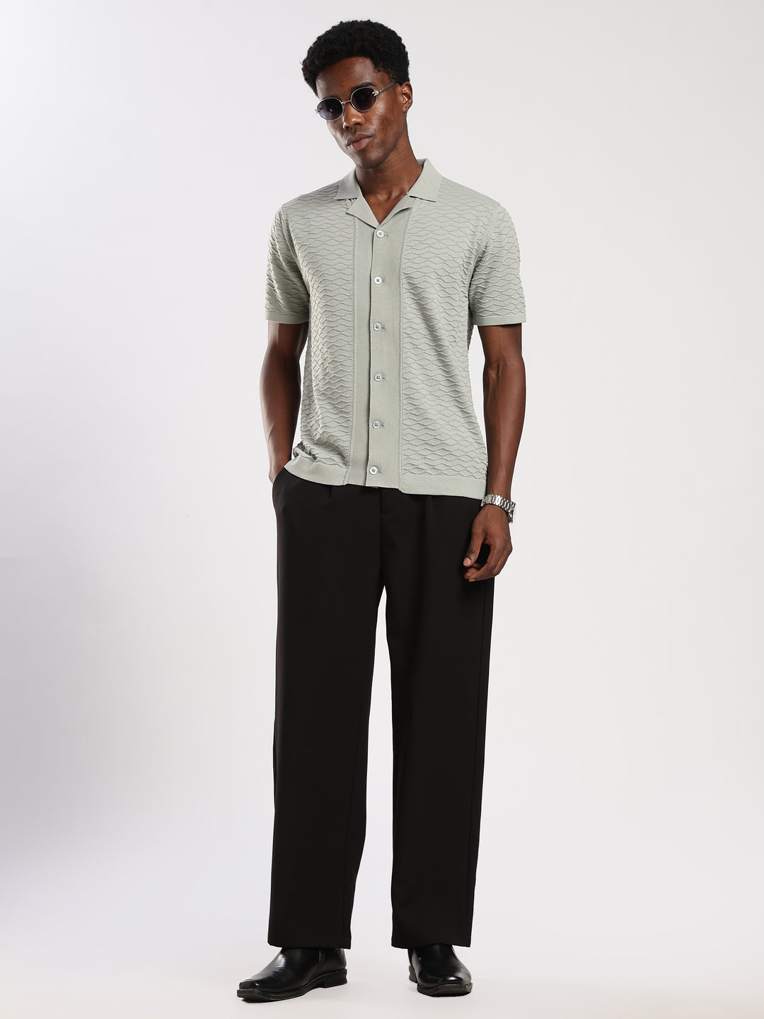 Mint Textured Regular Fit Flat Knit Shirt