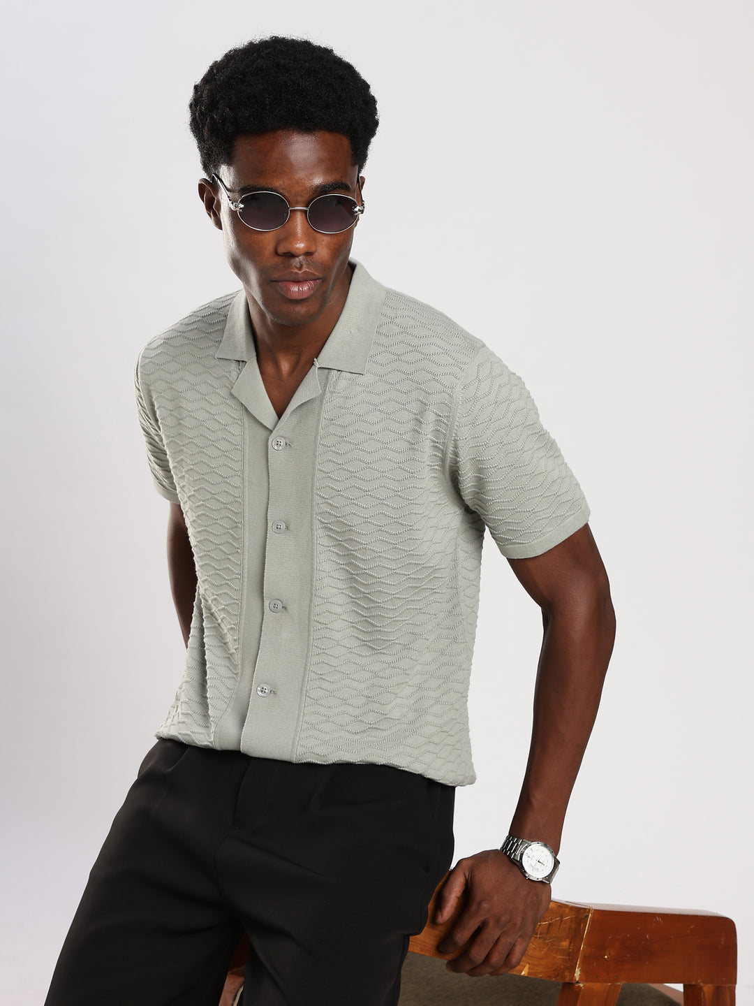 Mint Textured Regular Fit Flat Knit Shirt