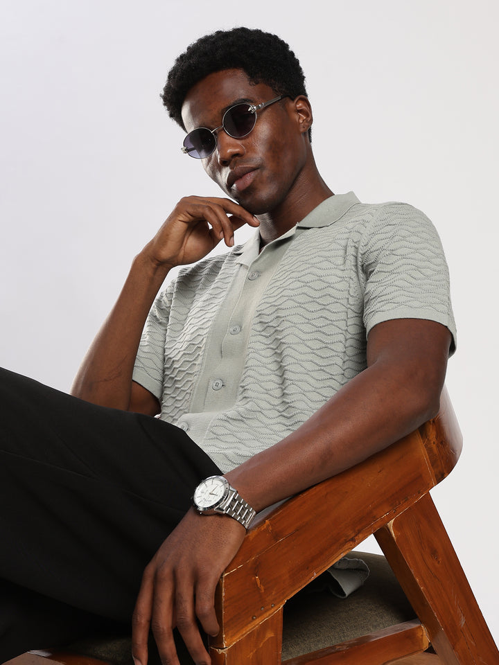 Mint Textured Regular Fit Flat Knit Shirt
