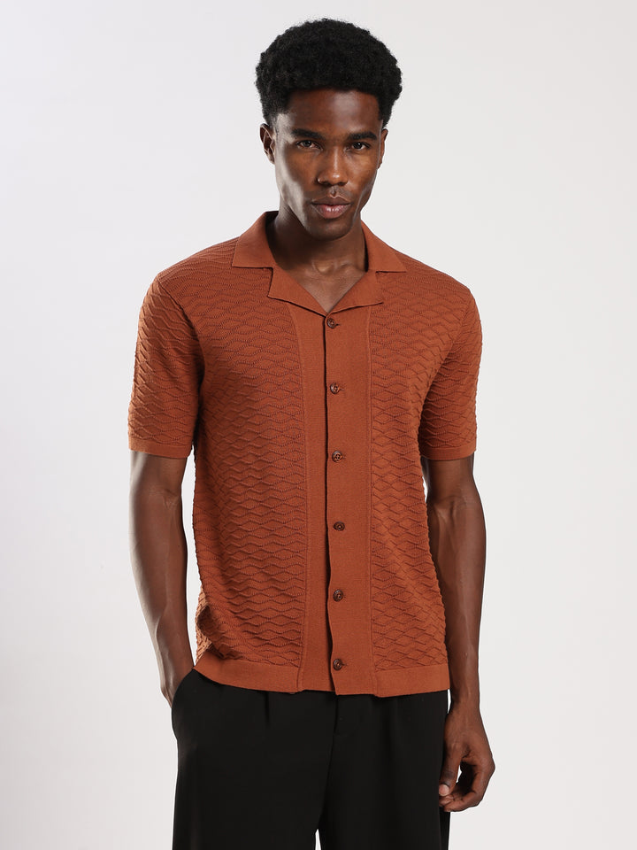 Light Brown Textured Regular Fit Flat Knit Shirt