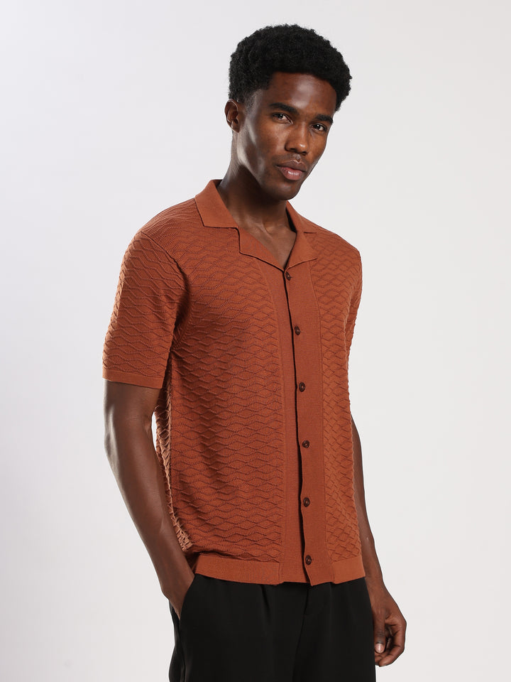 Light Brown Textured Regular Fit Flat Knit Shirt