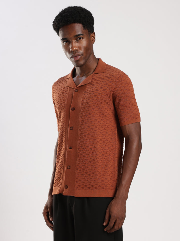 Light Brown Textured Regular Fit Flat Knit Shirt