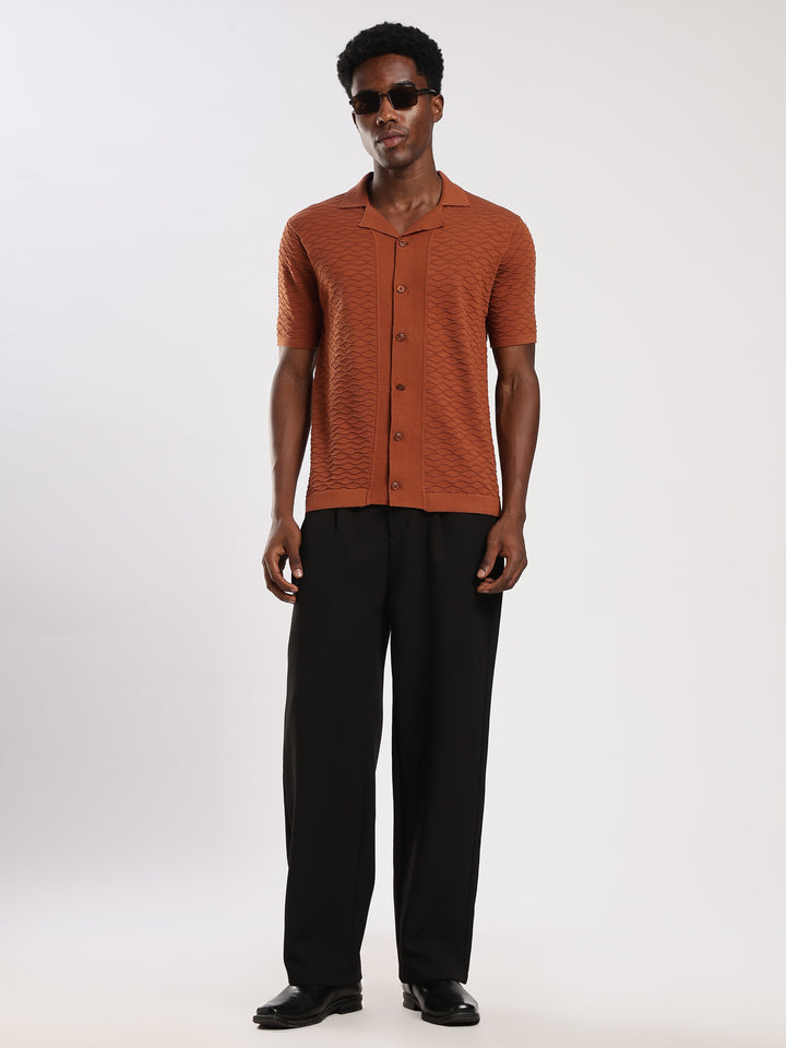 Light Brown Textured Regular Fit Flat Knit Shirt
