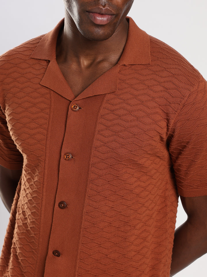 Light Brown Textured Regular Fit Flat Knit Shirt
